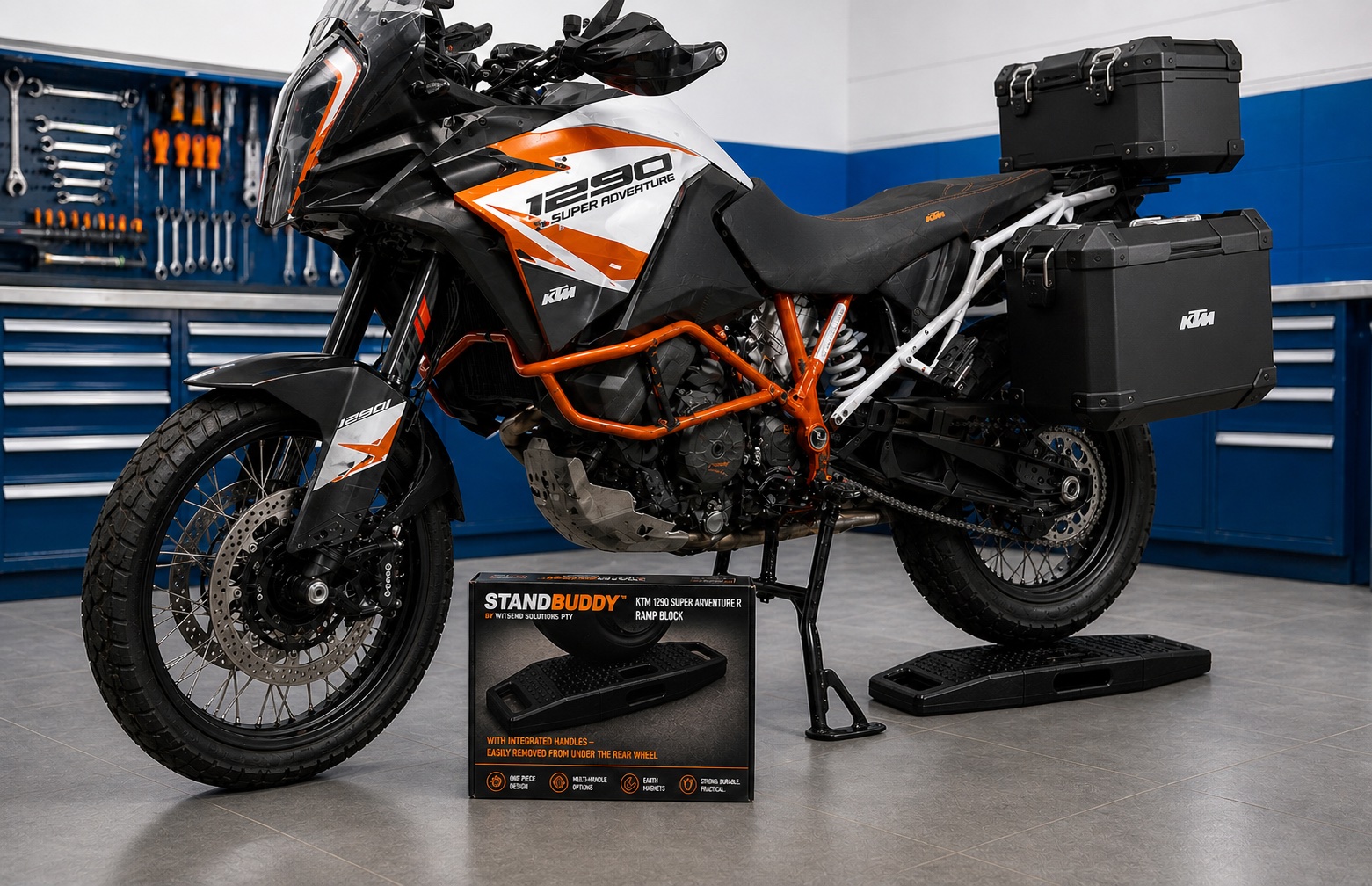 KTM 1290 motorcycle positioned on StandBuddy